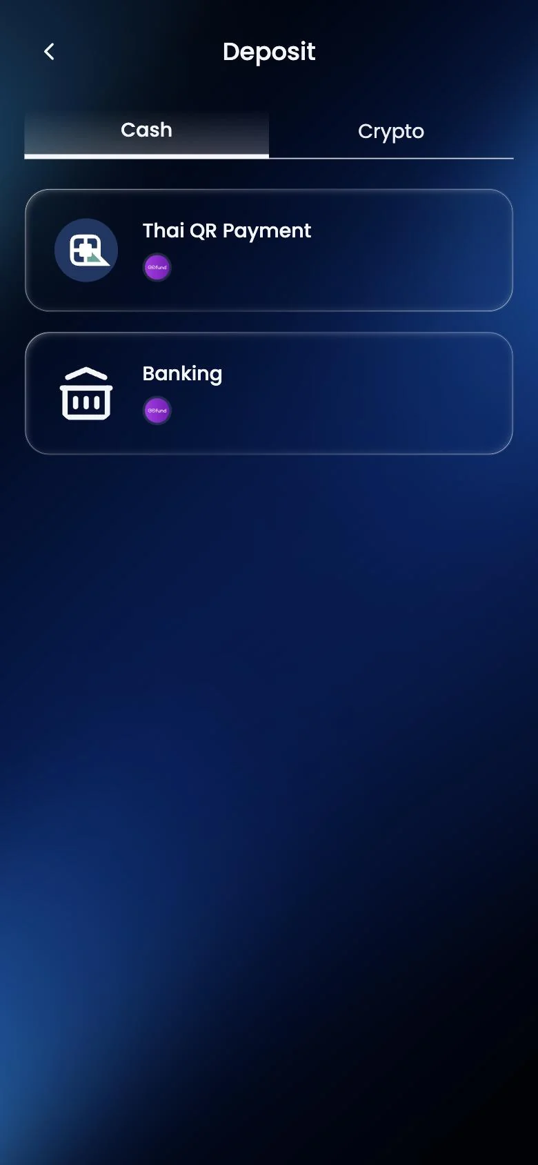 หน้าจอจริงของระบบ OTG: เลือกวิธีฝากเงิน Thai QR Payment หรือ Banking